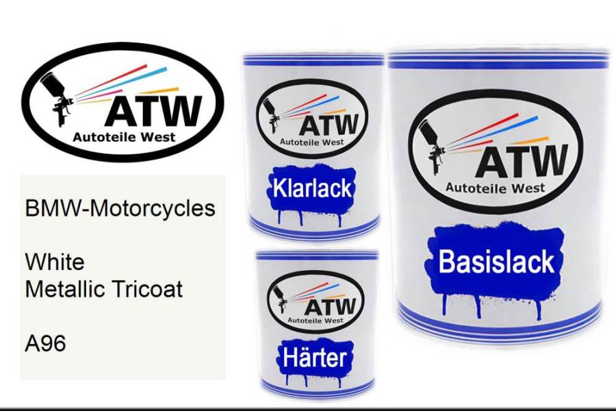 BMW-Motorcycles, White Metallic Tricoat, A96: 1L Lackdose + 1L Klarlack + 500ml Härter - Set, von ATW Autoteile West.